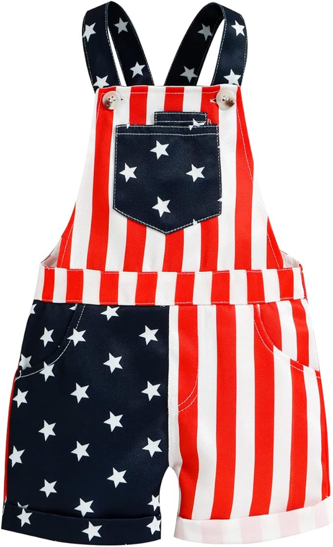 4th Fourth of July Baby Girl Boy Outfit American Flag Print Overalls Shorts Pocket Suspender Romp... | Amazon (US)