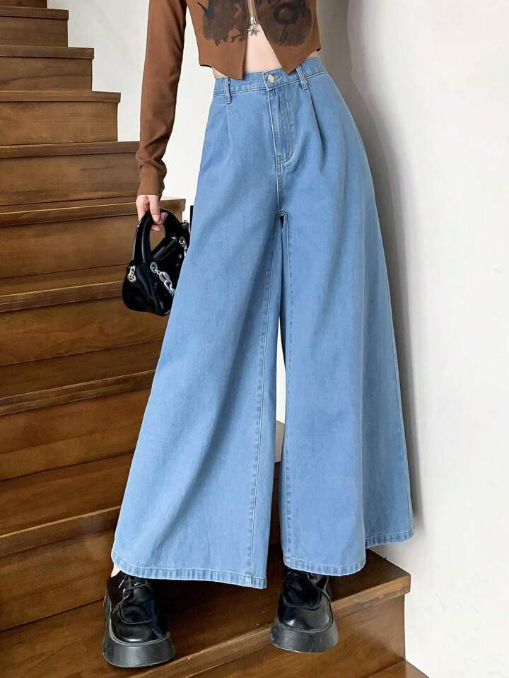 Basic Casual Loose-Fitting Wide-Leg Denim Pants With Slouchy Feel For Teen Girls In Blue Color | SHEIN