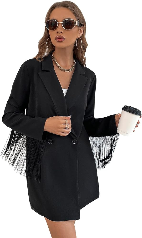 Floerns Women's Fringe Trim Long Sleeve Lapel Collar Neck Blazer Jacket | Amazon (US)