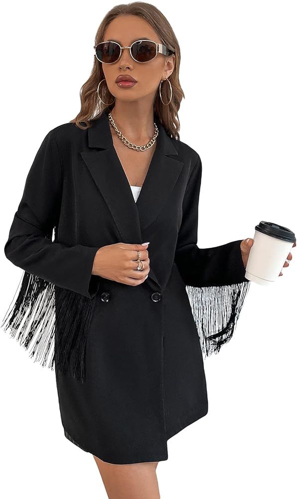 Floerns Women's Fringe Trim Long Sleeve Lapel Collar Neck Blazer Jacket | Amazon (US)