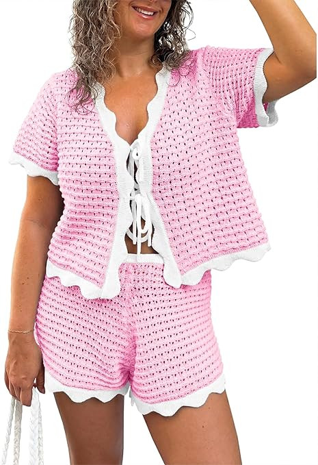 Fisoew Womens 2 Piece Swimsuit Crochet Cover Up Short Sleeve Tops Tie Front Shorts Sets Summer Be... | Amazon (US)