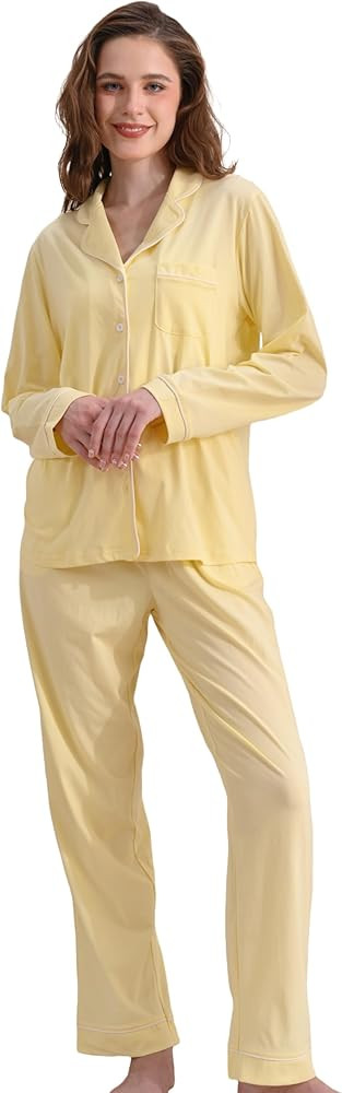 100% Cotton Pajamas for Women Set 2 Piece Soft Long Sleeve PJs Button Down with Breathable Lounge... | Amazon (US)
