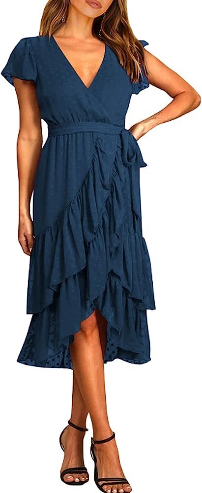 Zenlonr Women Summer Boho Dress 2023 Casual Swiss Dot Wrap V Neck Belt A-Line Ruffle Hem Swing Mi... | Amazon (US)