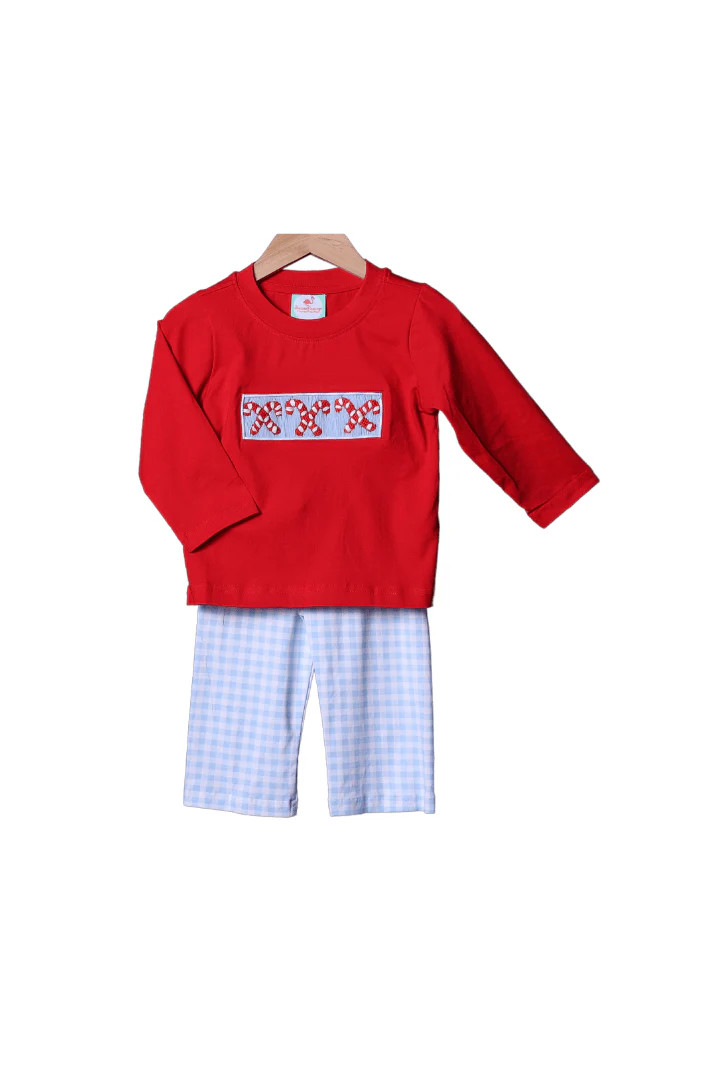 Smocked Blue Gingham Red Knit Candy Cane Pant Set | The Smocked Flamingo