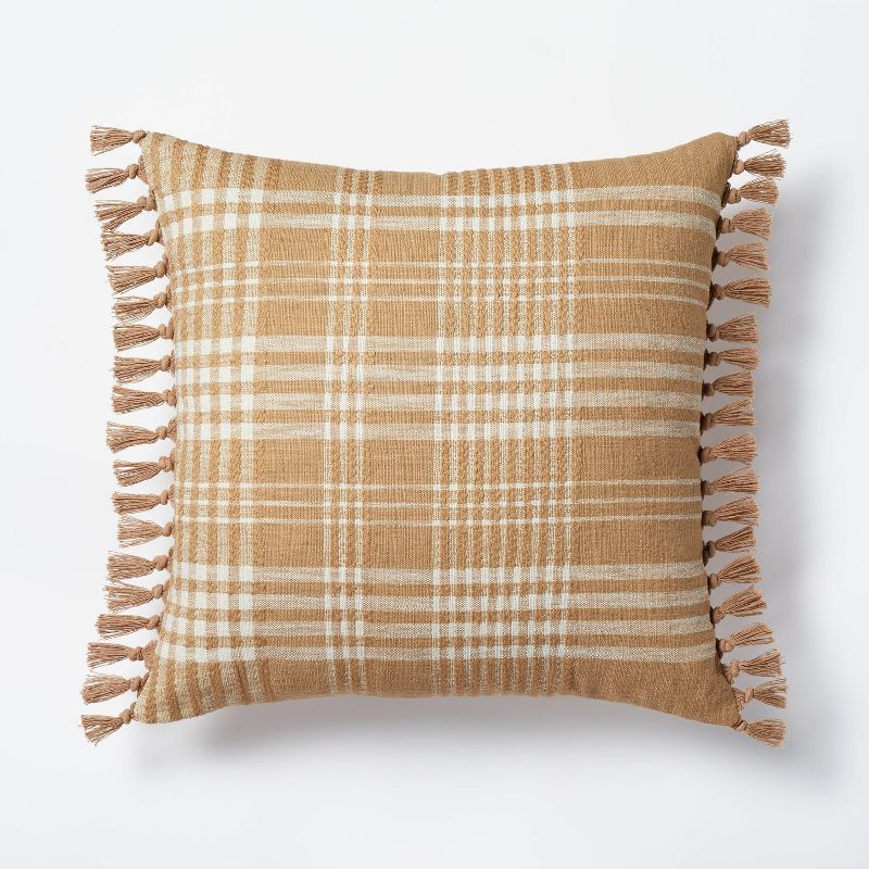 Woven Plaid Square Throw Pillow with Side Tassels Brown/Cream - Threshold™ designed with Studio... | Target