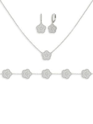 Flower 3-Piece Rhodium-Plated, Cubic Zirconia Pave, Drop Earrings, Bracelet & Pendant Necklace Se... | Saks Fifth Avenue OFF 5TH