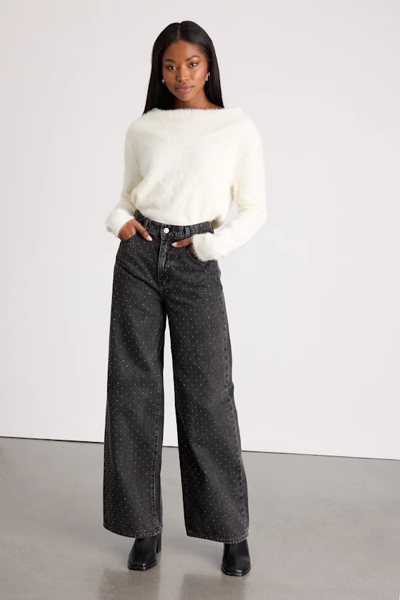 Wanderer Washed Black Studded Wide-Leg Jeans | Lulus