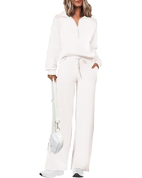 Amazon.com: QINSEN Women's 2 Piece Matching Set Long Sleeve Zip Up Lapel Jacket High Waist Wide L... | Amazon (US)