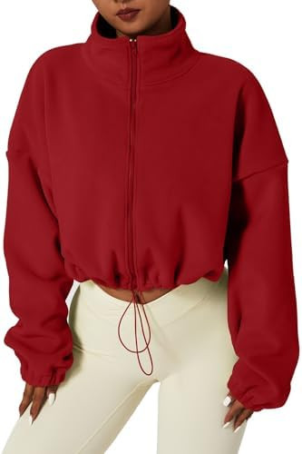 QINSEN Women's Full Zip Fleece Short Jacket Warm Winter Long Sleeve Stand Collar Sherpa Crop Coat | Amazon (US)