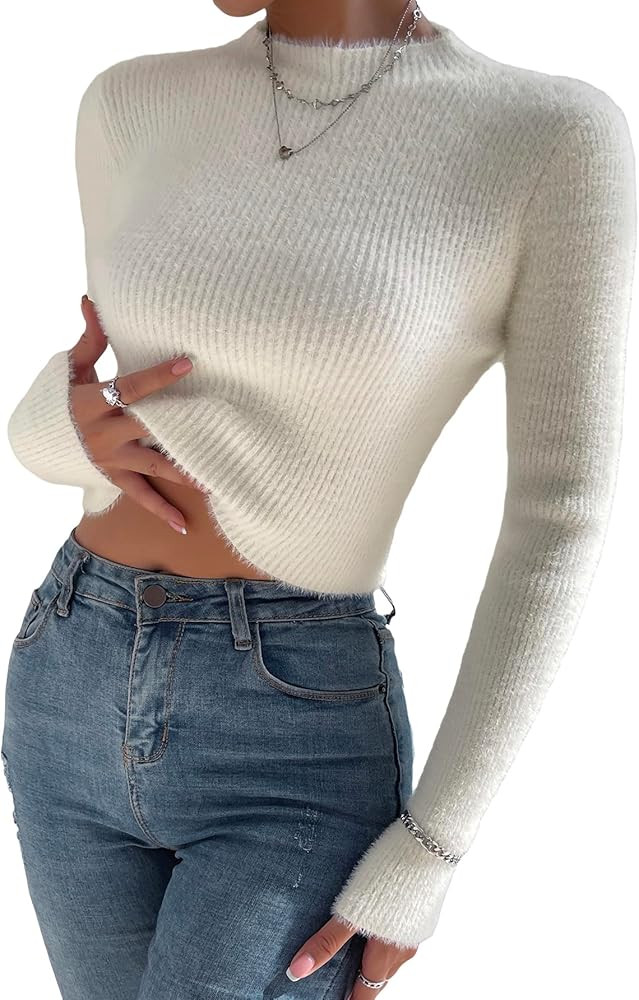 Verdusa Women's Mock Neck Long Sleeve Fuzzy Sweater Pullovers Slim Fitted Top | Amazon (US)