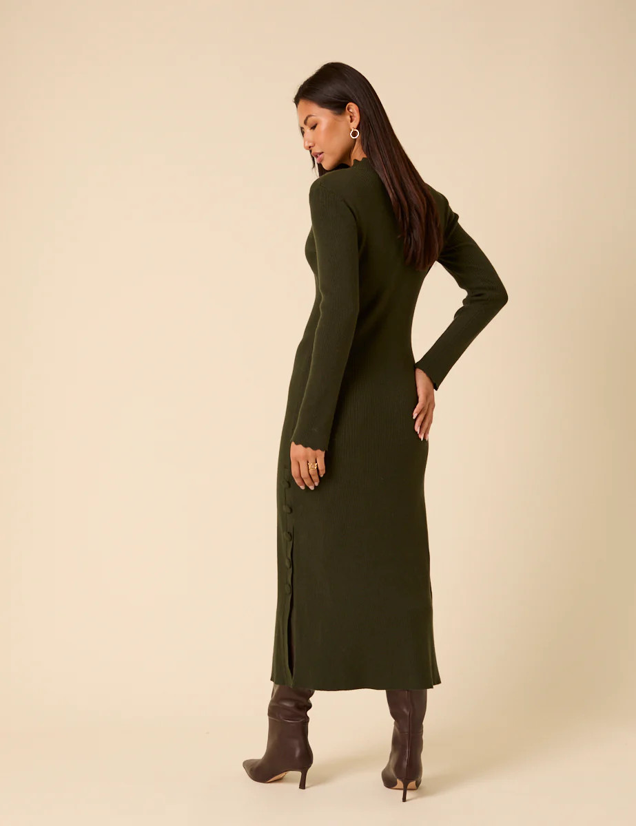 Dark Green Knitted Long Sleeve Midi Dress | Nobody's Child