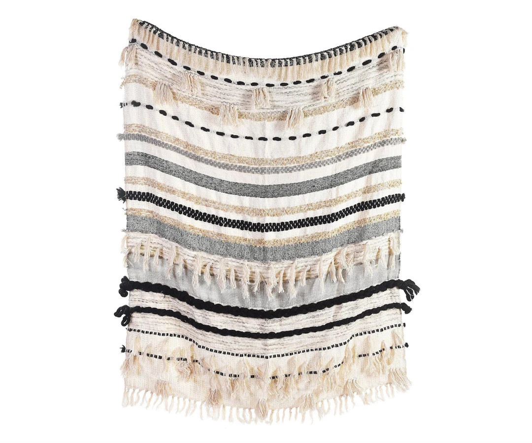 Hand Loom Chunky Woven Cotton & Acrylic Wool Cream White Ivory Black Grey Sofa Throw Blankets Dec... | Etsy (US)