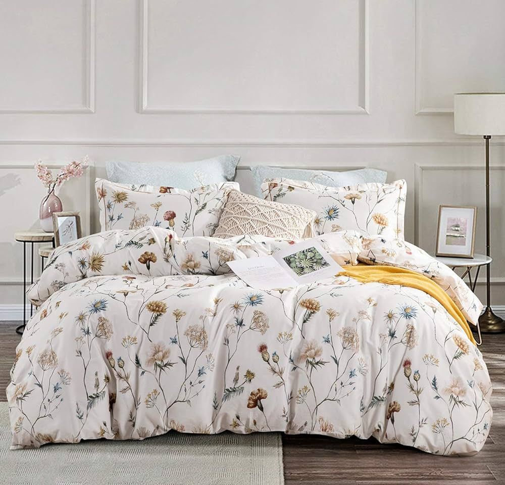 SLEEPBELLA Comforter Twin Size, 600 Thread Count Cotton White Printed with Blue & Blush Flowers C... | Amazon (US)