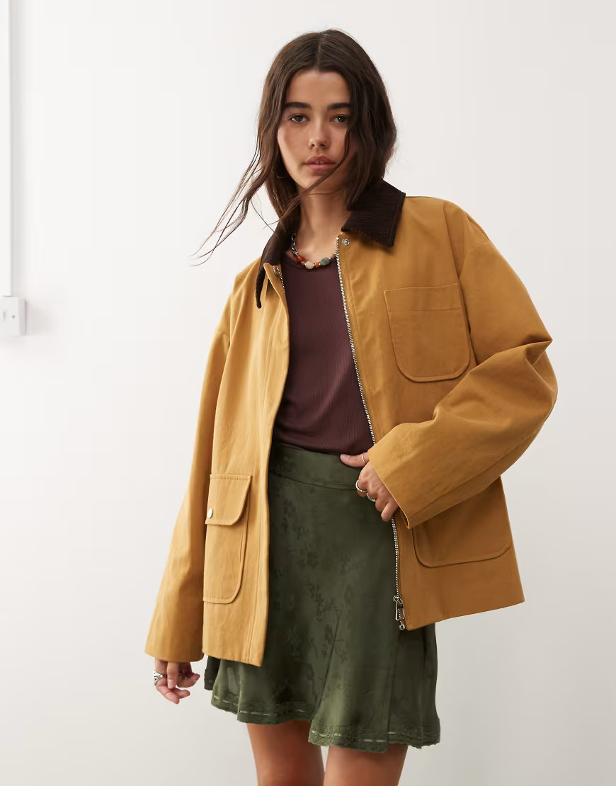 Reclaimed Vintage barn jacket with contrast corduroy collar in tan-Brown | ASOS (Global)