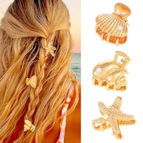 Banatra Starfish Hair Clips Gold Small Metal Claw Clips Mini Shell Beach Hair Accessories for Women and Girls (Pack of 3） | Amazon (US)