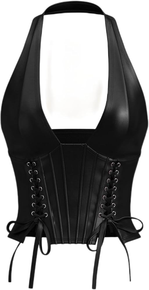 WDIRARA Women's Pu Leather Sleeveless Halter Tops Lace Up Backless Crop Corset Top Sexy Clubwear | Amazon (US)