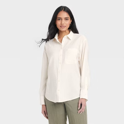 Women's Oversized Long Sleeve Crinkle Button-Down Shirt - A New Day™ Cream M: Rayon Nylon Blend, Lightweight Poplin | Target