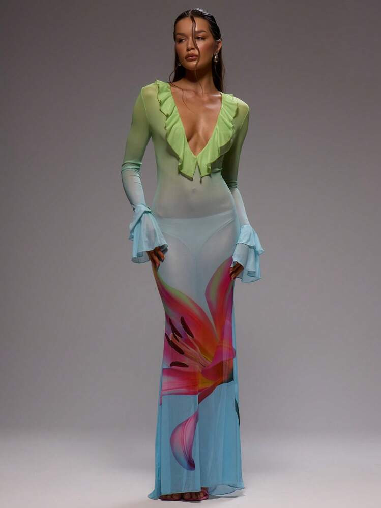 MUSERA Extreme Frill Plunge Front Ruffle Sleeves Floral Printed Fitted Elegant Maxi Dress | SHEIN