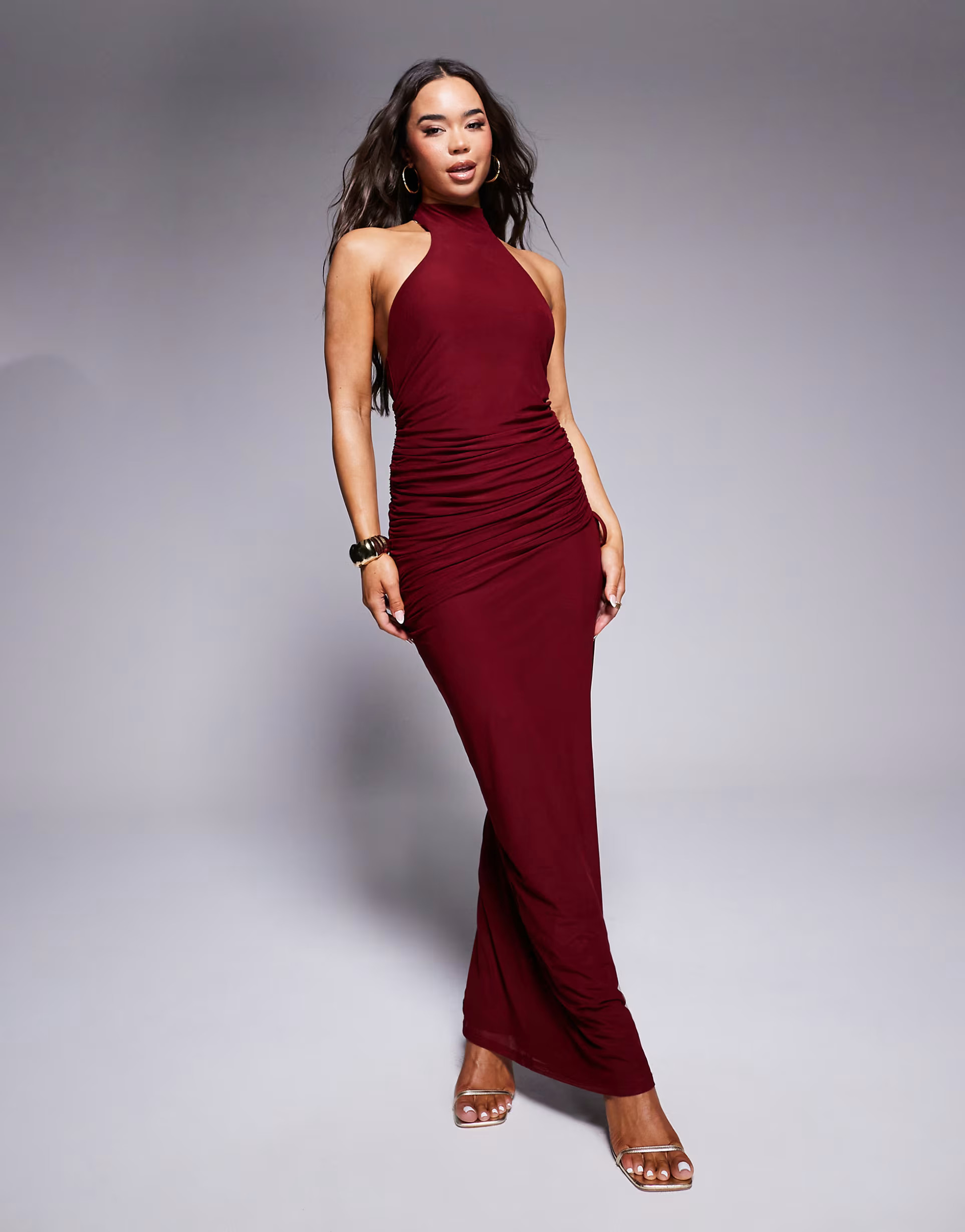 ASOS DESIGN ruched halter maxi dress with asymmetric back detail in burgundy | ASOS (Global)