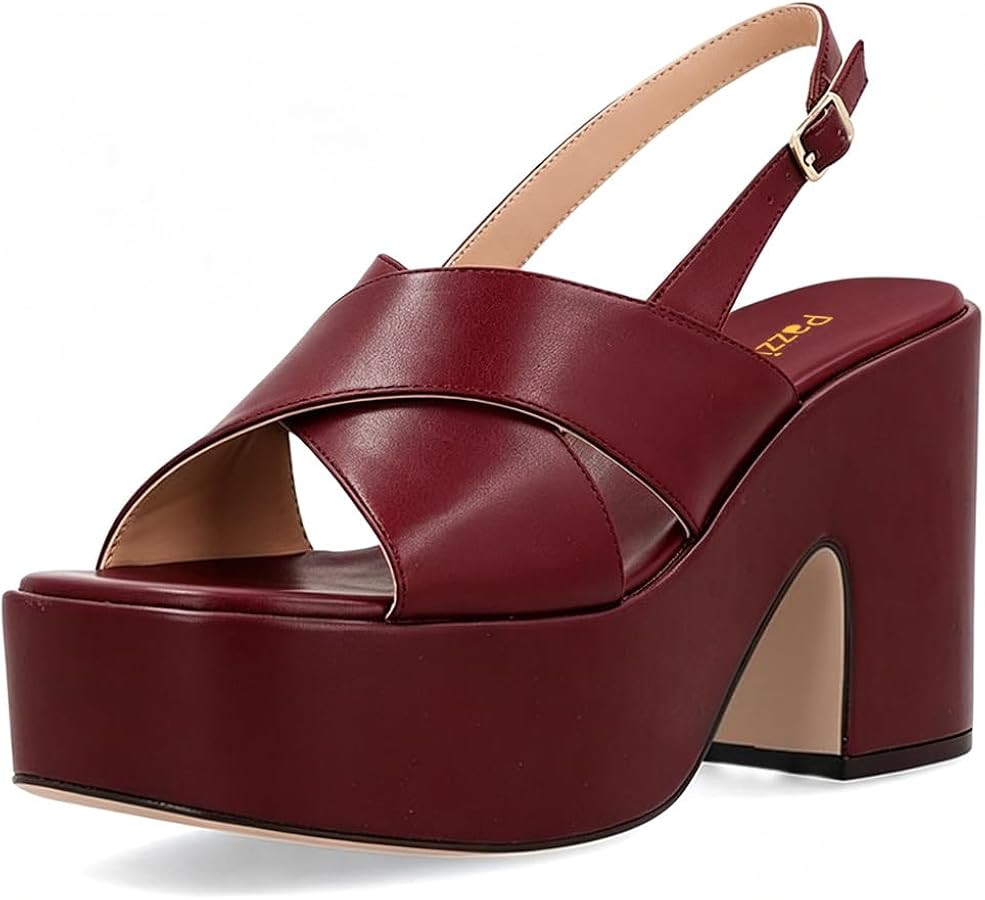 Pazzion Women Chunky Platform Open Toe Sandals Crisscross Strap Buckle Slingback Mid Heels Shoes ... | Amazon (US)