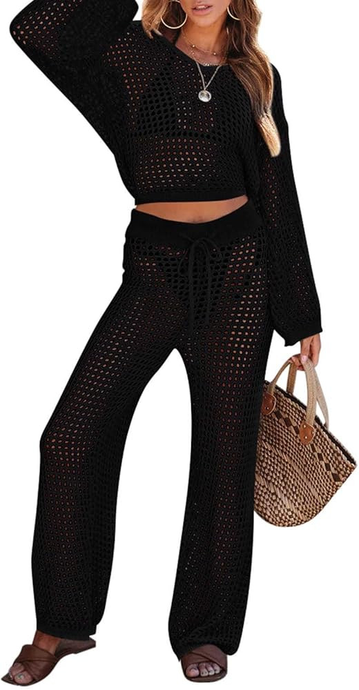 Pink Queen Women's Swimsuit Cover Up Set 2 Piece Crochet Long Sleeve Crop Top Wide Leg Pants Beac... | Amazon (US)