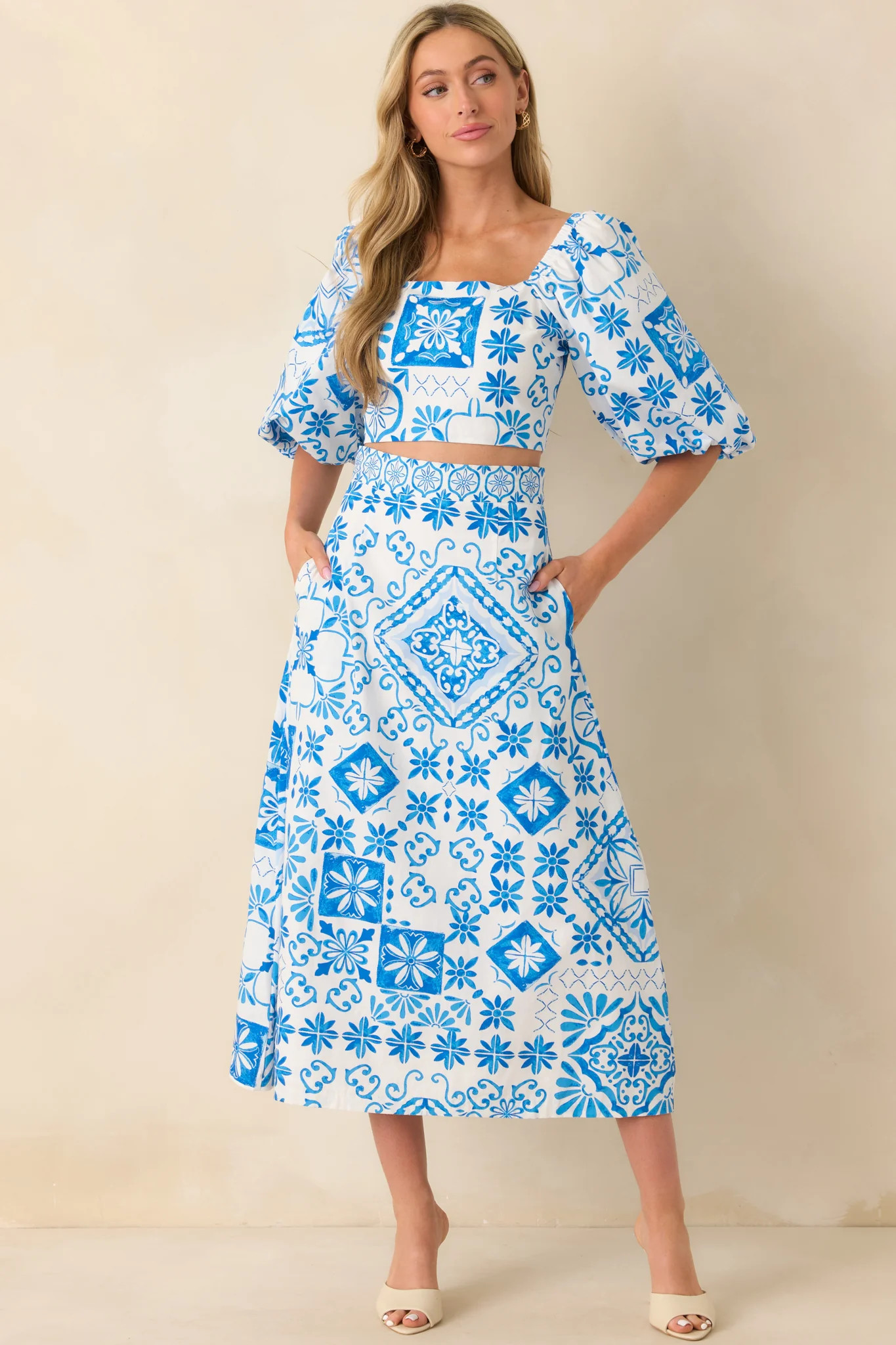 Prosperina Hemingway Blue Tile Print Cotton Midi Skirt | Red Dress