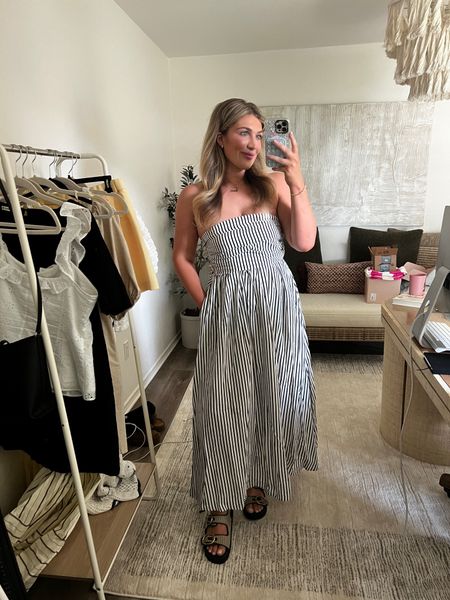 Gorgeous striped midi dress! Strapless and has great gold + pockets. In a small! Use the code STOWE15 for 15% off 

code audrey10 for 10% off my cross necklace too

#LTKStyleTip #LTKShoeCrush