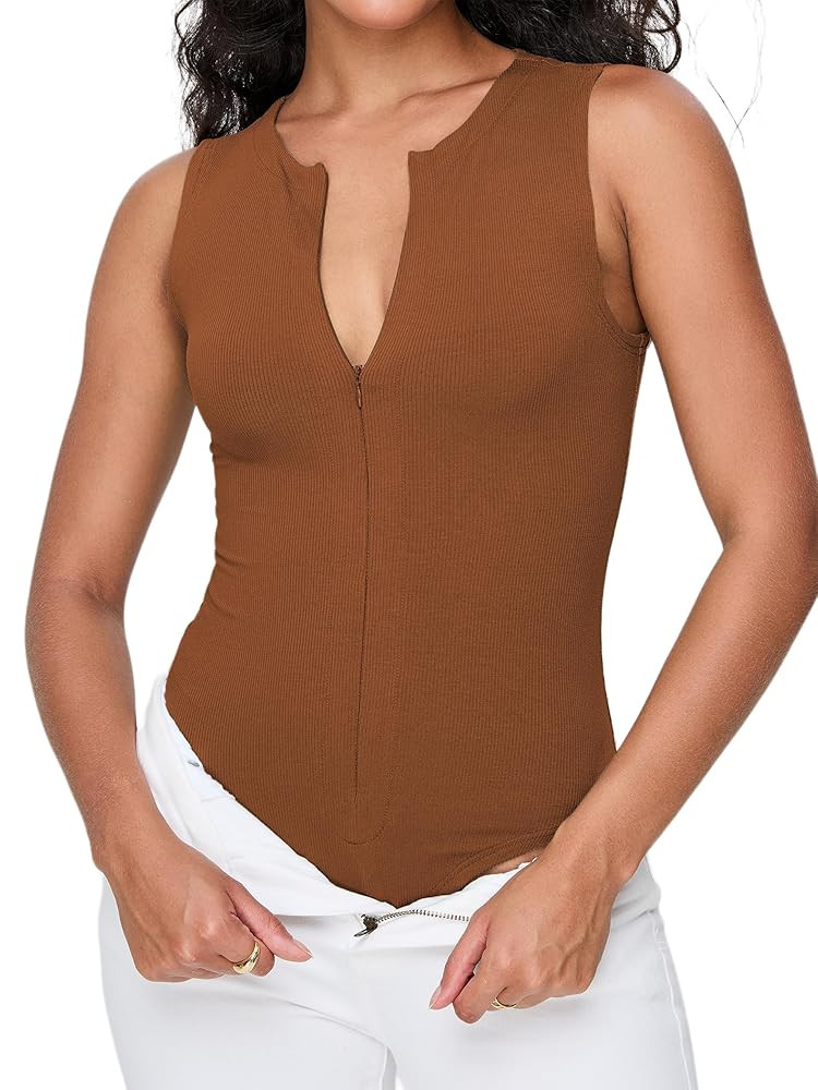 iGENJUN Women's Bodysuit Tops Sleeveless Invisible Zip Up Crew Neck Body suit | Amazon (US)