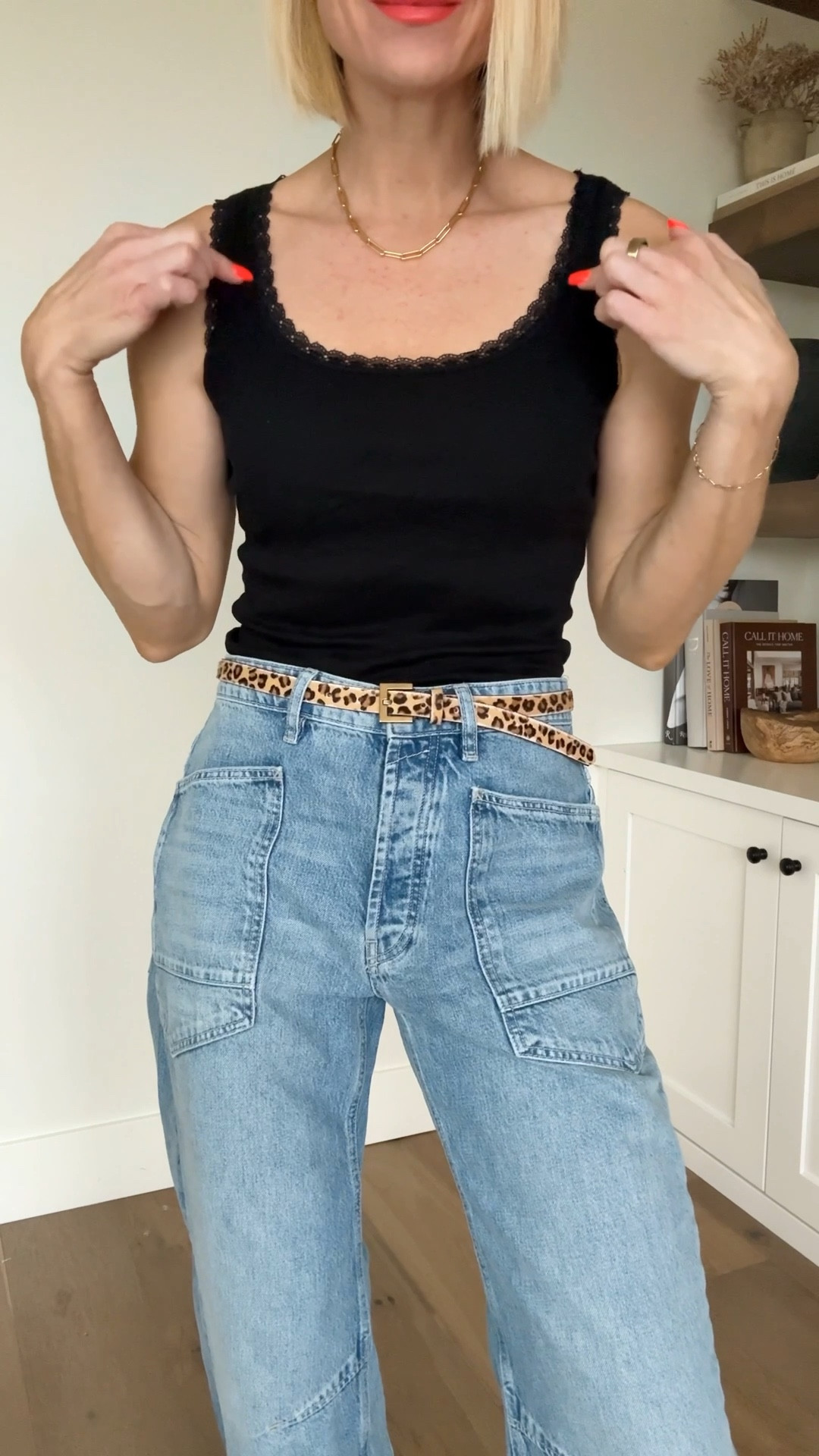 Lace trimmed tank, the perfect jeans for spring, and some of my favorite leopard accessories. 
Size down in tank, wearing a small
For jeans — either grab your true size or go down depending on how you want them to fit.

#LTKgrwm #LTKOver40 #LTKmomlife