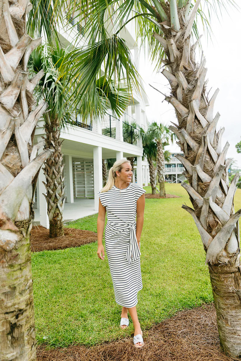 Stripe Tie Midi Dress - White/Navy | Triple Threads