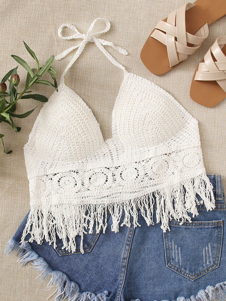 Fringe Hem Knot Halter Top | SHEIN