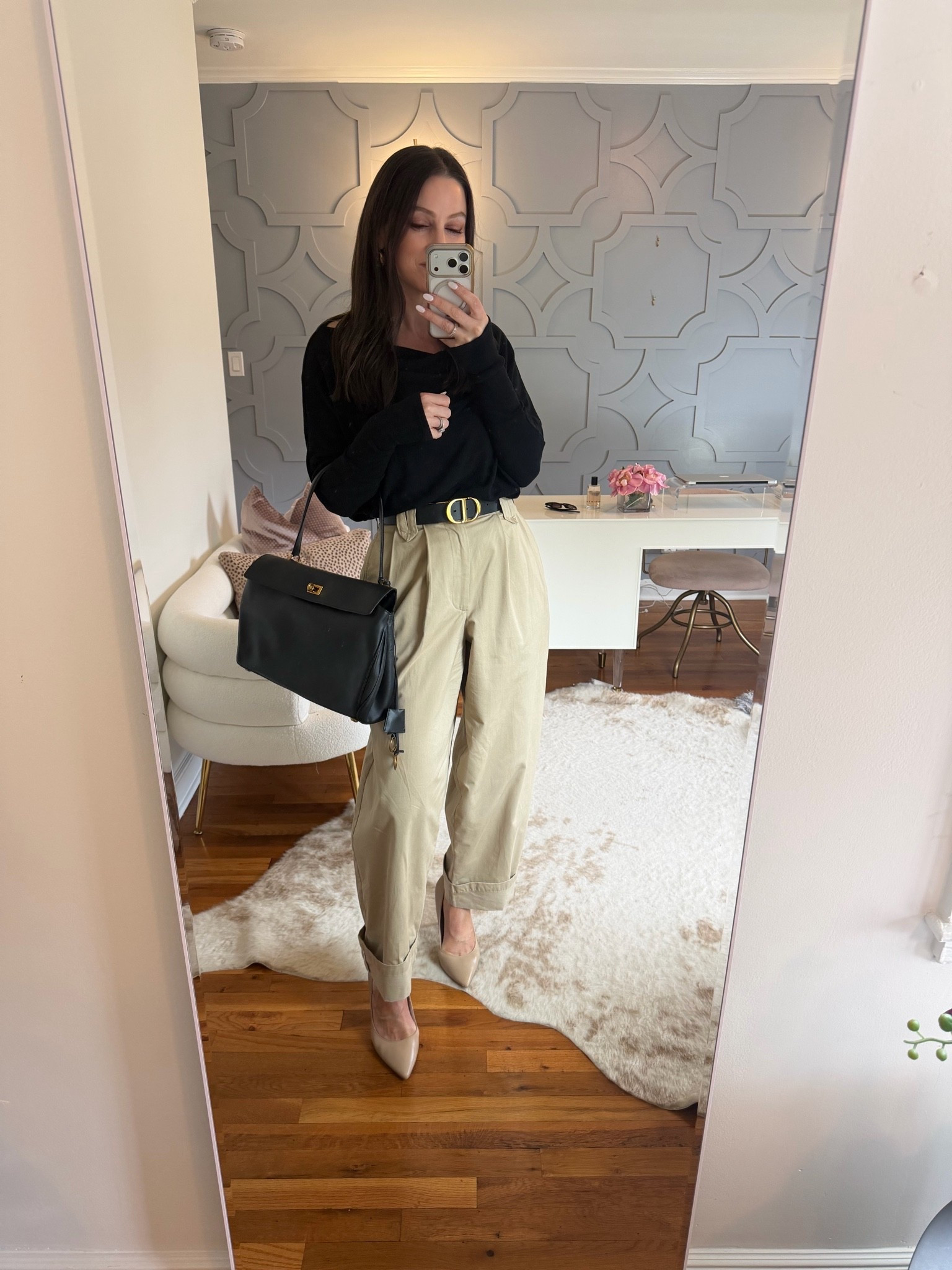WORK OUTFIT IDEA:
This versatile top (size down one) with these great pleated pants. Size down one if between sizes.