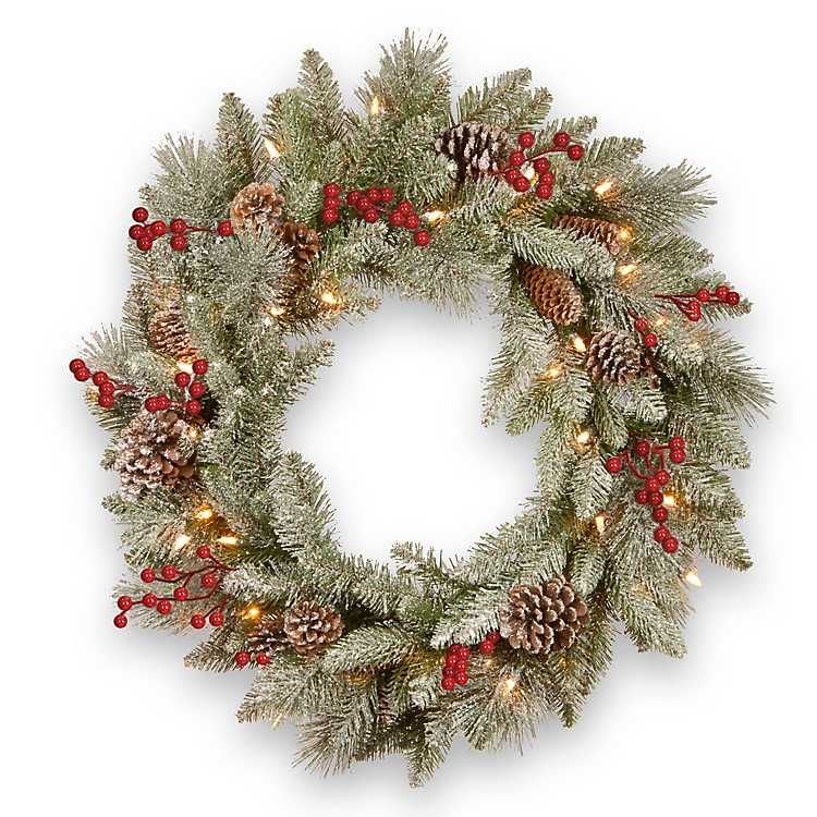 Pre-Lit Snowy Bristle Spruce Christmas Wreath | Kirkland's Home