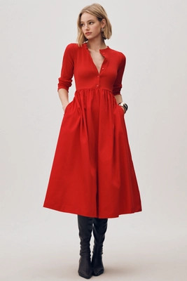 Maeve Long-Sleeve Twofer Cardigan Midi Dress | Anthropologie (US)