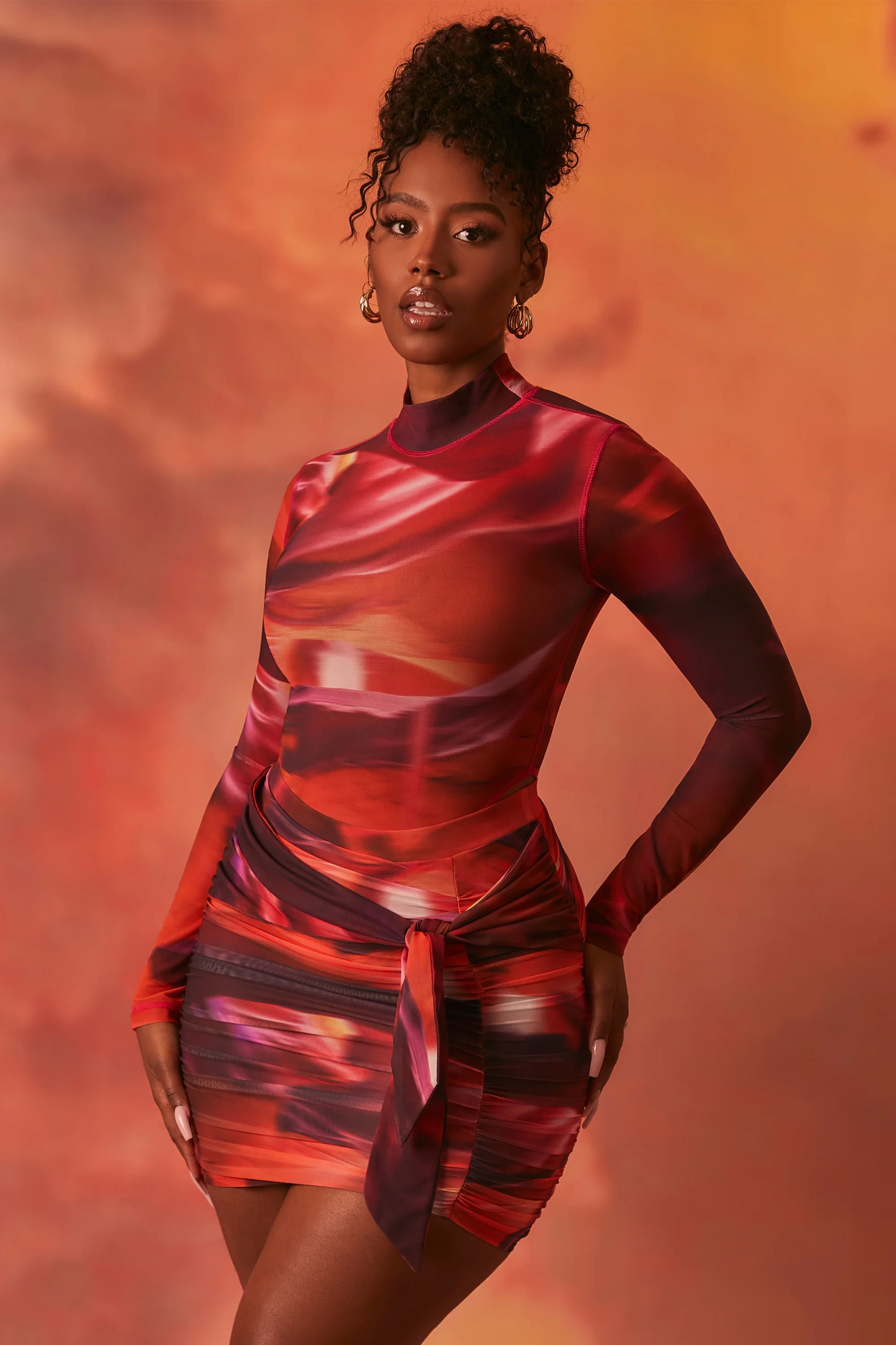 High Neck Long Sleeve Mesh Bodysuit in Orange | Oh Polly