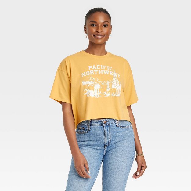 Women's Pacific Northwest Short Sleeve Graphic Cropped T-Shirt - Yellow | Target