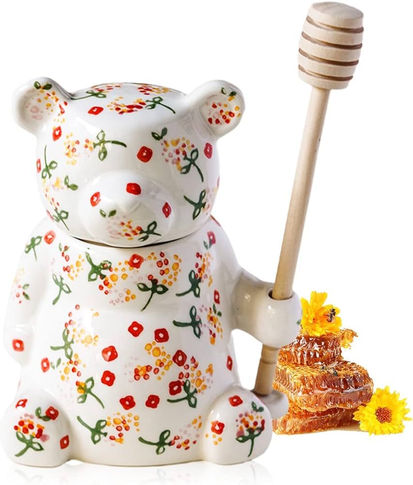 Ceramic Vintage Bear Honey Jar Retro Floral Storage Pot Decorative Pot with Wooden Dipper,10.1oz ... | Amazon (US)