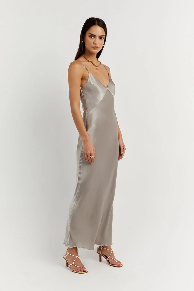 SIMONE PEWTER SATIN SLIP MIDI DRESS | DISSH