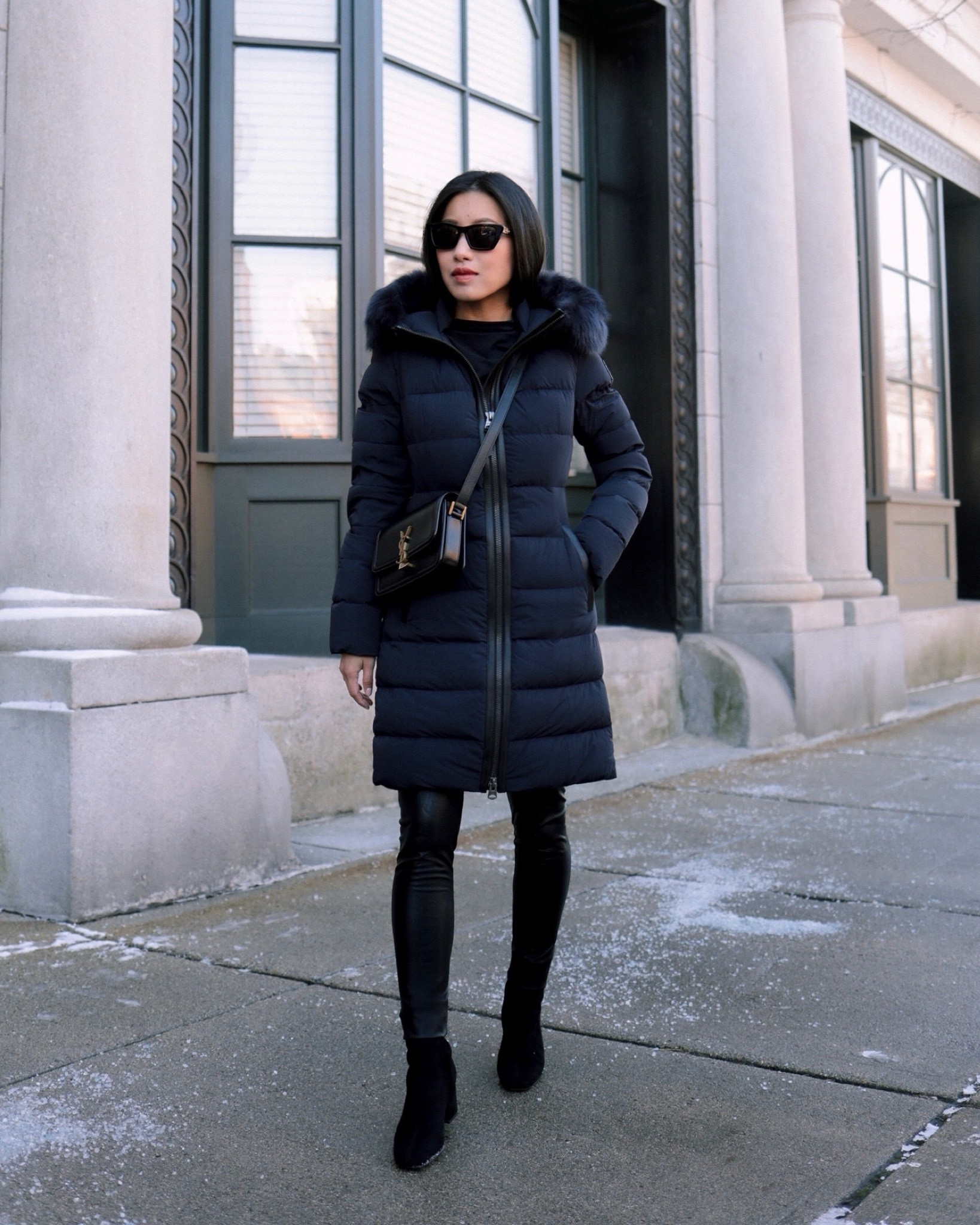 Sale alert on my Mackage down coat ! This was a splurge for me two winters ago and I’ve worn it so much since. 

• Mackage Calla puffer coat with shearling hood xs - runs slim fit for a parka - I sized up to an xs to fit looser layers under. The xxs is very petite friendly 

• Commando 7/8 faux leather leggings

• Ann Taylor boots - mine are from a prior season 

• YSL Mica sunglasses (Amazon dupe linked as well) 

• Solferino bag 



#LTKsalealert