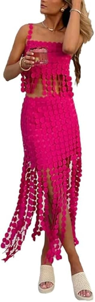2 Piece Sets for Women Boho Fringe Hem Camisole Top with Midi Skirt Beach Vacation Cruise Outfits | Amazon (US)