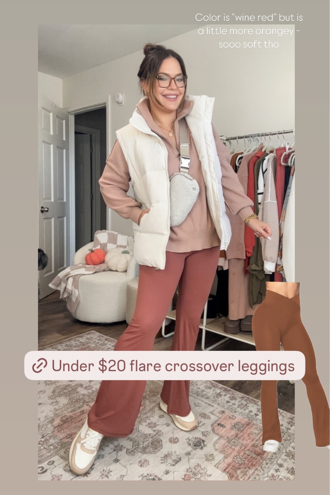 Under $20 for these super soft and cozy crossover leggings // Color is “wine red” but is a little more orangey - sooo soft tho / wearing true size // easy mom look / leggings and vest look / on the go mom / colored leggings / flare leggings

#LTKMidsize #LTKStyleTip #LTKSeasonal