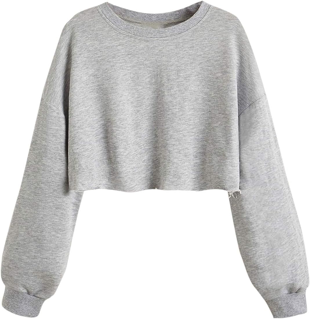 SweatyRocks Women's Casual Long Sleeve Raw Hem Pullover Crop Tops Sweatshirts | Amazon (US)
