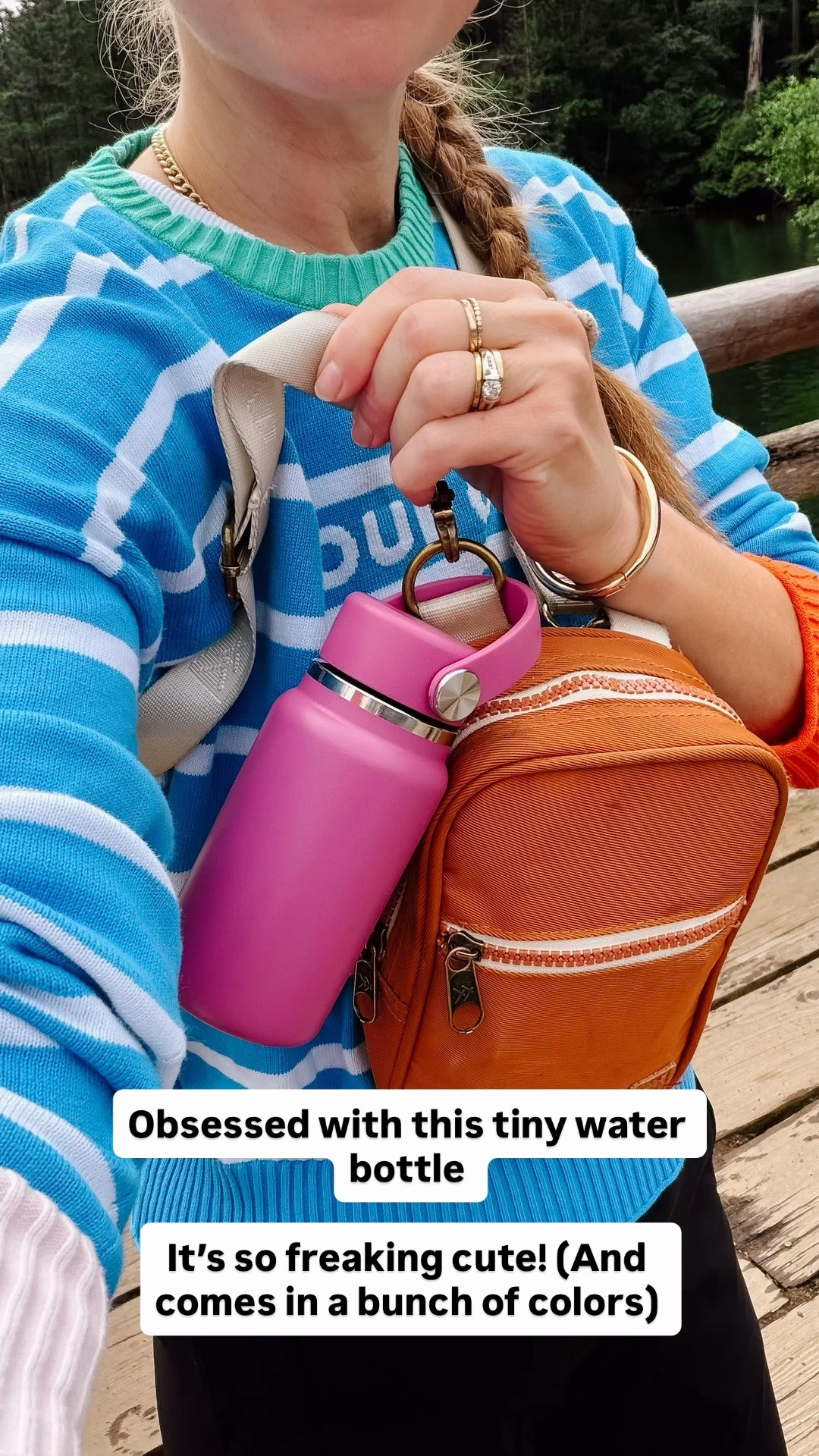 I’m loving this tiny water bottle that I just clip onto my bag 

Perfect for a little drink without weighing a thousand pounds 

And it is so cute!!