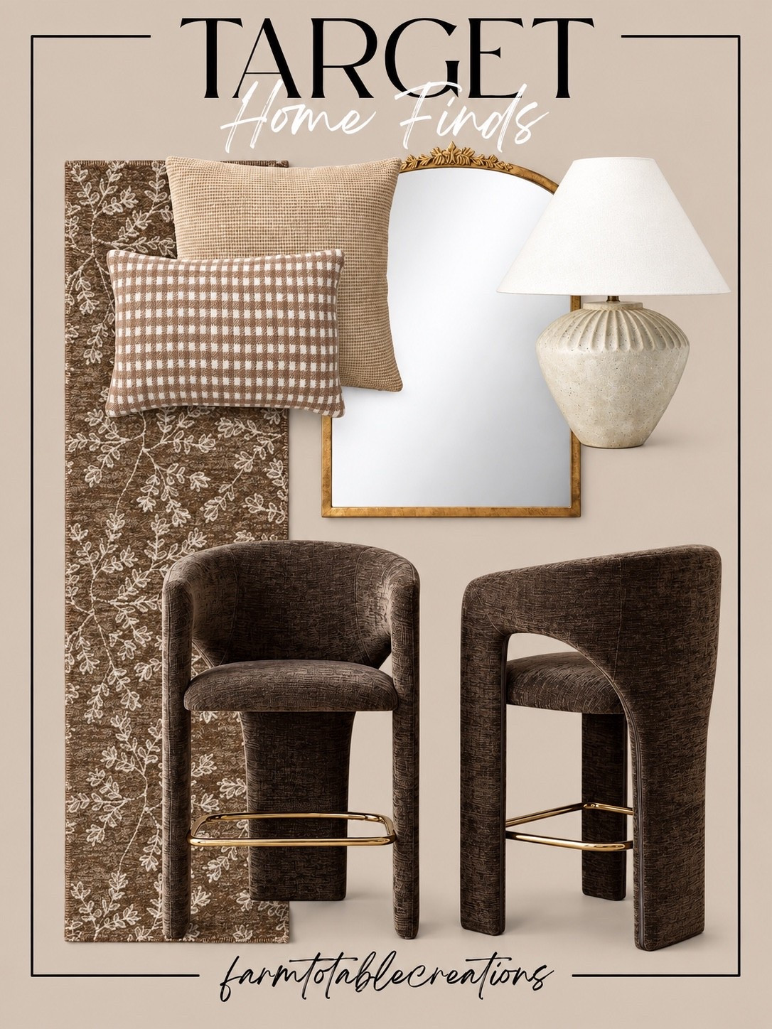 Target Warm Neutral Home Finds 🤎✨

These Target home finds are such a beautiful mix of warm neutrals, soft texture, and elevated details. The rich brown upholstered stools, vintage-inspired floral rug, layered neutral pillows, sculptural lamp, and gold-framed mirror create a cozy look that still feels polished and sophisticated.

I love this combination for a kitchen island, breakfast nook, dining area, or open-concept living space. The mix of chocolate brown, cream, taupe, and antique gold gives everything that warm, collected feel that works beautifully for fall and beyond.

Follow @farmtotablecreations on Instagram for more cozy home finds and trending decor.

#LTKHome #TargetHome #TargetFinds #TargetStyle #HomeDecor #NeutralDecor #WarmNeutrals #KitchenDecor #BarStools #CozyHome #BrownDecor #HomeInspo #AffordableHomeDecor #CollectedHome #FallHomeDecor

#LTKHome #LTKSaleAlert