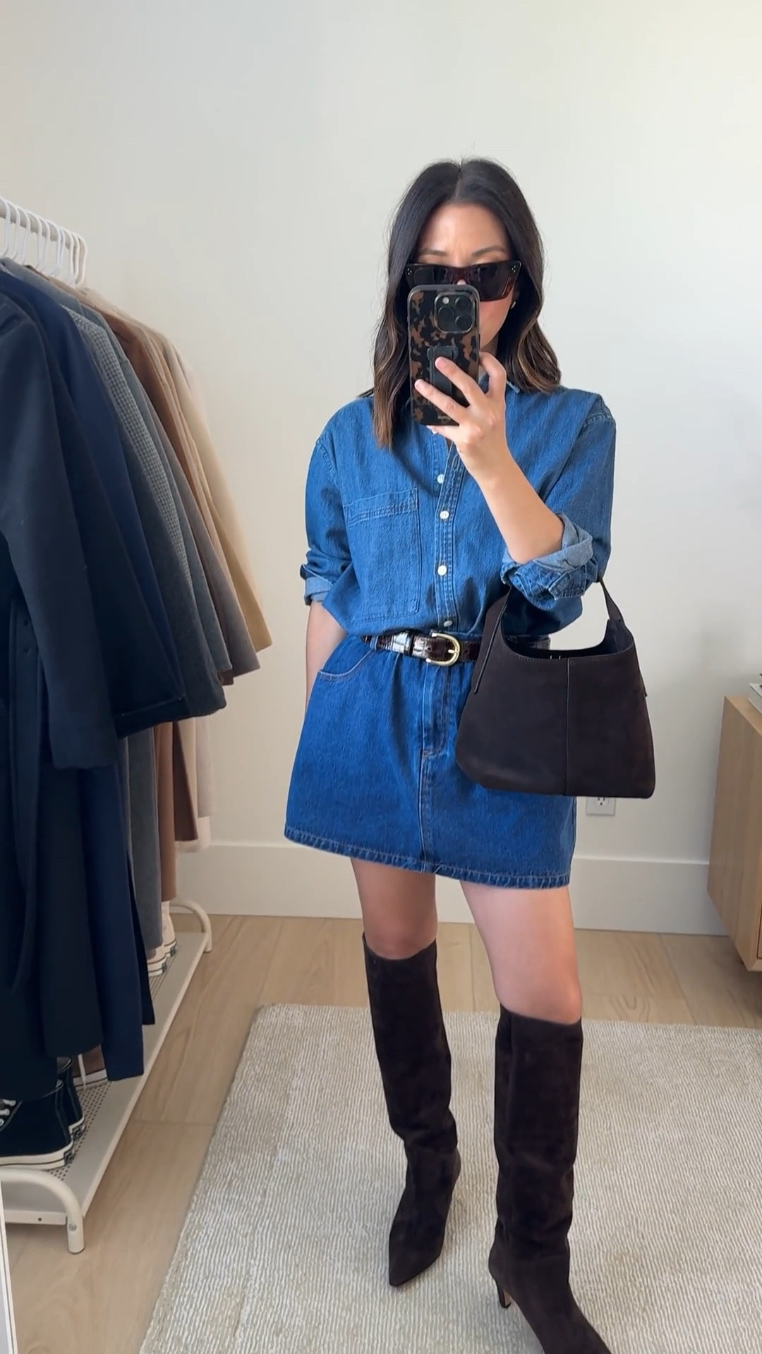 How to style knee-high boots for fall 2025. Knee-high boot outfit ideas. These are the J.Crew Stevie Tall Boots. The shafts have gotten taller over the years, but these are truly the only heeled tall boots you need. I have them in black and brown and they're so comfortable, great shaft circumference. These hit my knee, but I don't mind. They're so elongating.

AYR denim shirt xs
J.Crew belt
English Factory skort small, need the xs
J.Crew Stevie Boots 5.5
Banana Republic suede bag
Celine Sunglasses

#LTKPetite #LTKSeasonal #LTKStyleTip