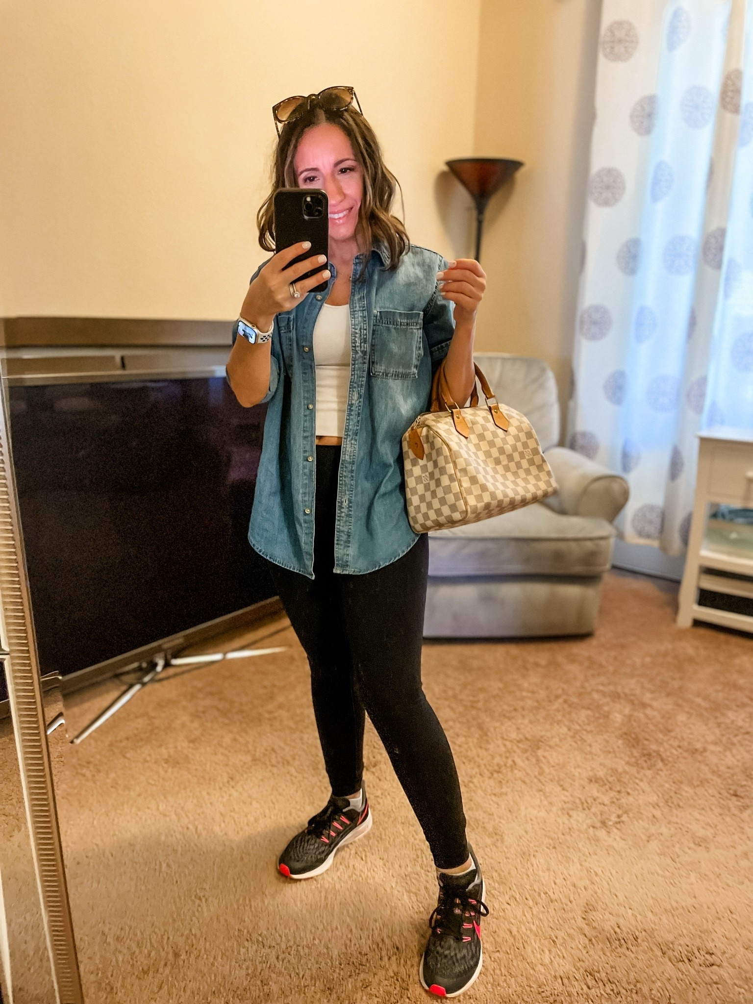 Casual cute outfit for errands.
This casual outfit for errands is built on layers. So the button down in the morning, and off by lunch time. 
Lululemon leggings. They run small. 
Sunglasses
Go up 1 size. 
Petite style 
Petite outfit

#LTKPetite #LTKOver40 #LTKActive