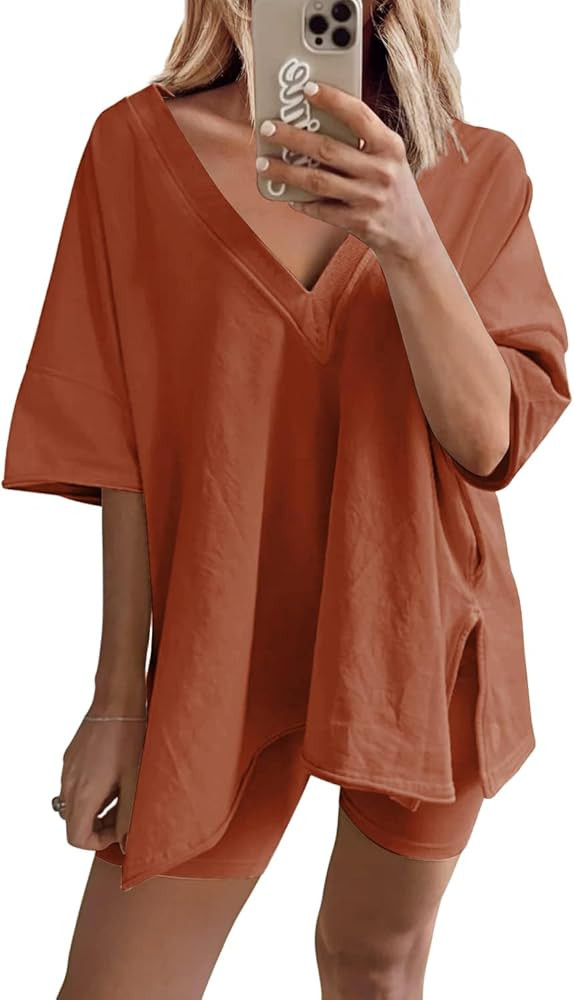 Ailoqing 2 Piece Outfits for Women Summer Oversized V Neck T Shirt Biker Short Sets Hot Shot Reve... | Amazon (US)