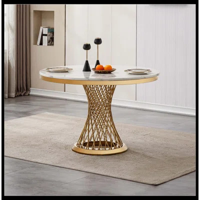 47" Round Faux Marble Dining Table – High-Gloss Tabletop With Stainless Steel Base (Gold & White), Table Only, Suitable For Dining Rooms And Kitchens | Wayfair North America