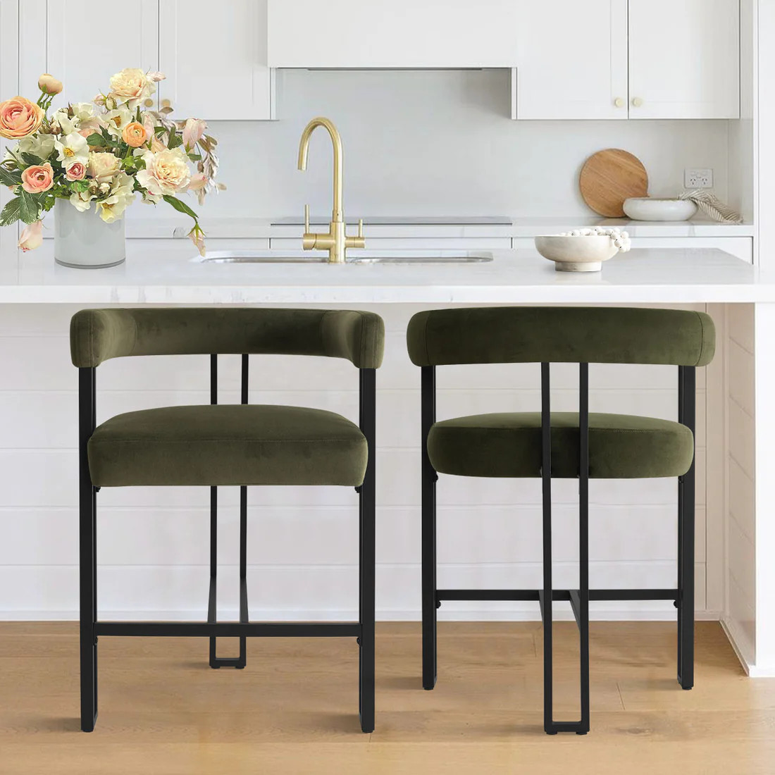 Mia 24" Modern Velvet Counter Stool with arms (Set of 2) | Pop Maison