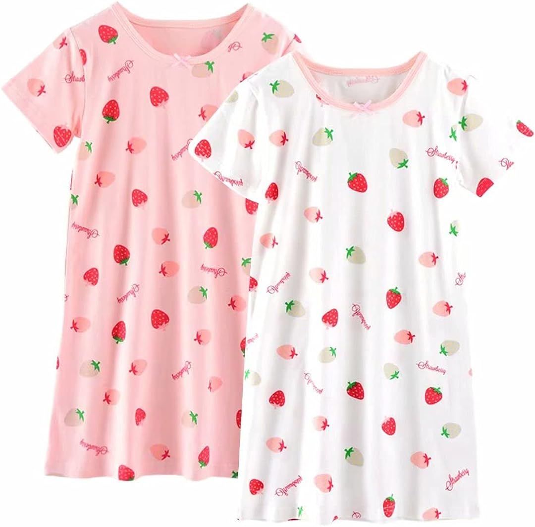 Girls' Dress Strawberry Cotton Homewear, BANGSAUR Print Princess Daily Dress, 2-Pack Sleepshirts ... | Amazon (US)